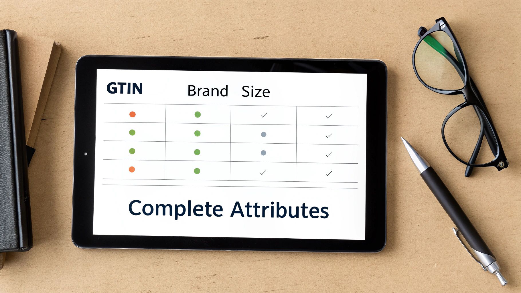 A tablet on a desk displays a data table with GTIN, Brand, Size columns and 'Complete Attributes' text.