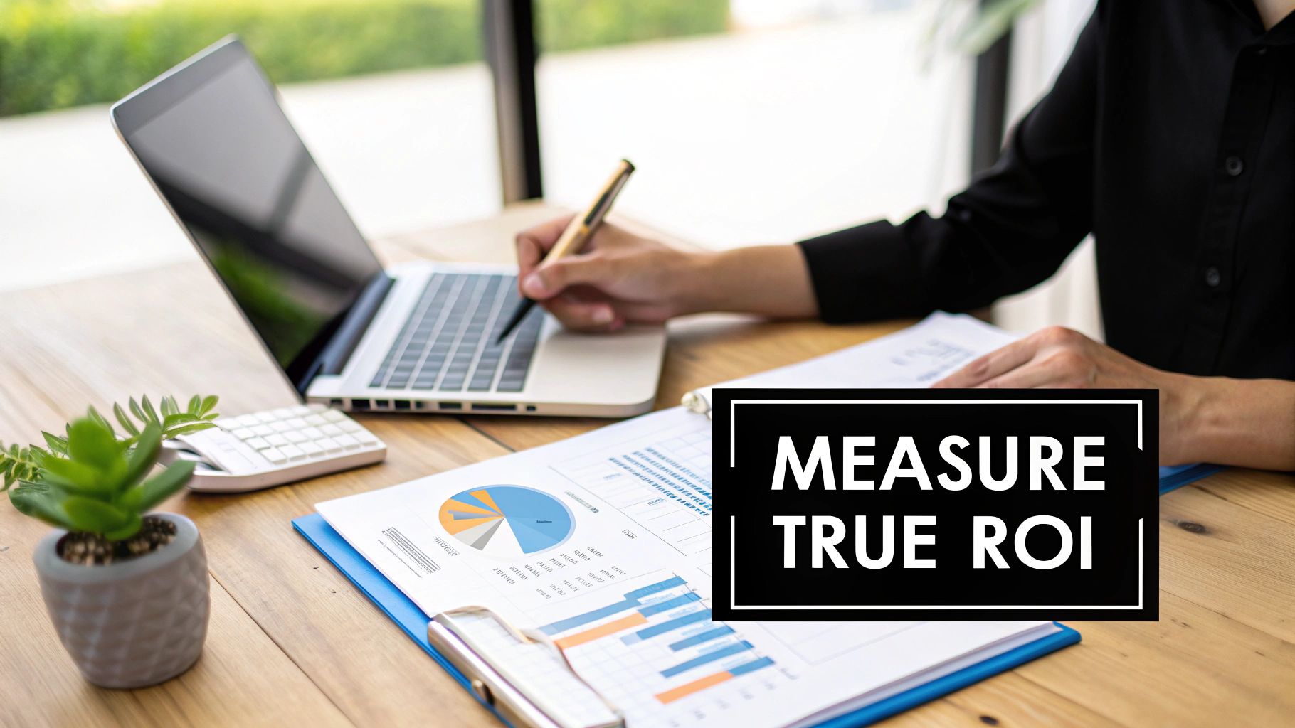 A close-up of a calculator and financial documents, symbolizing the calculation of return on investment.