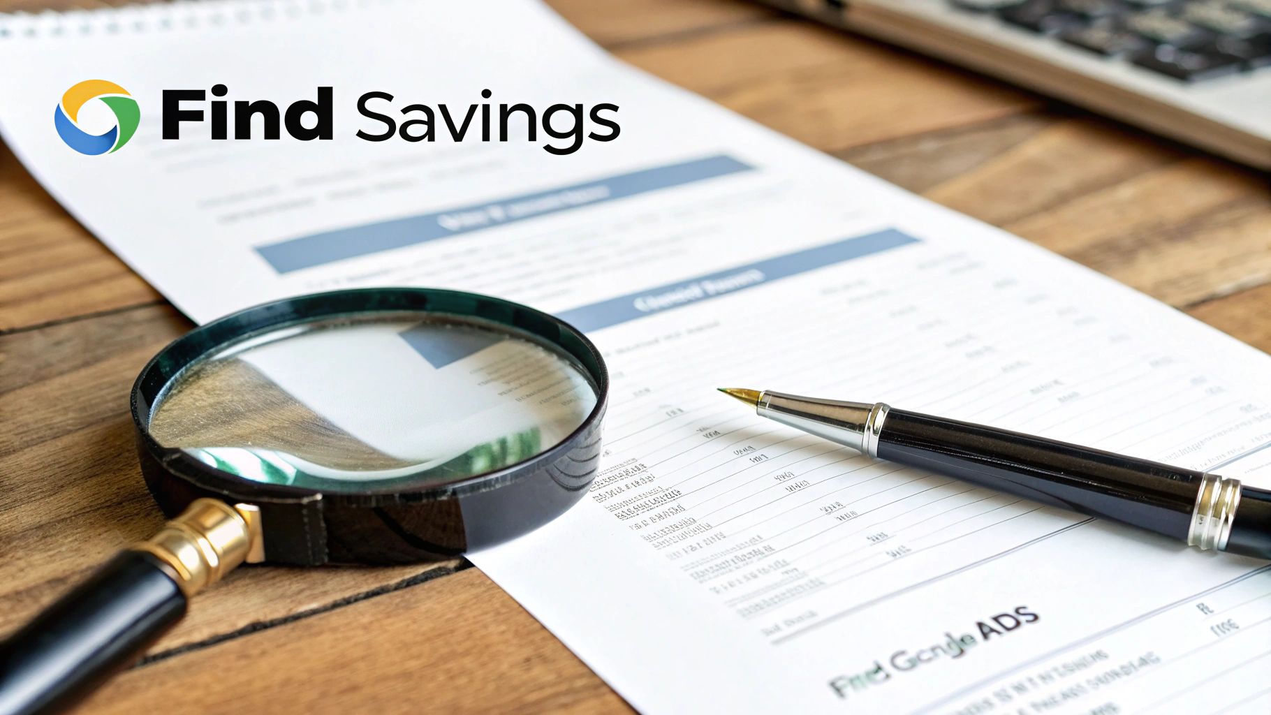Magnifying glass and pen on financial documents with Find Savings logo for budget analysis