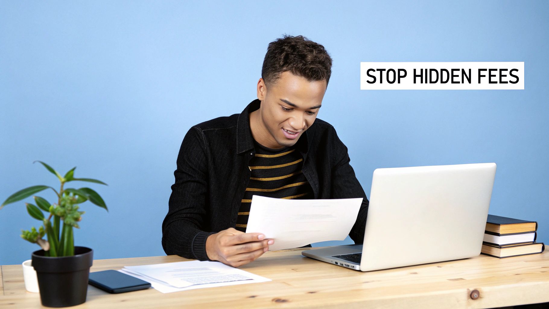 Young man reviewing financial documents on laptop to stop hidden fees in billing