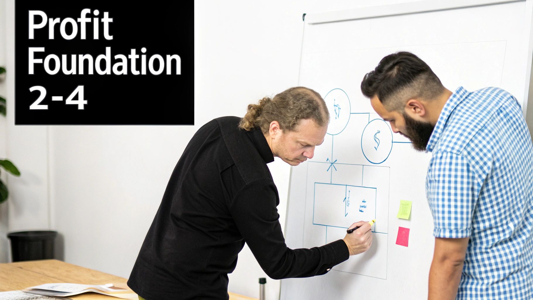 A person at a desk sketching out ad designs and copy on a notepad.