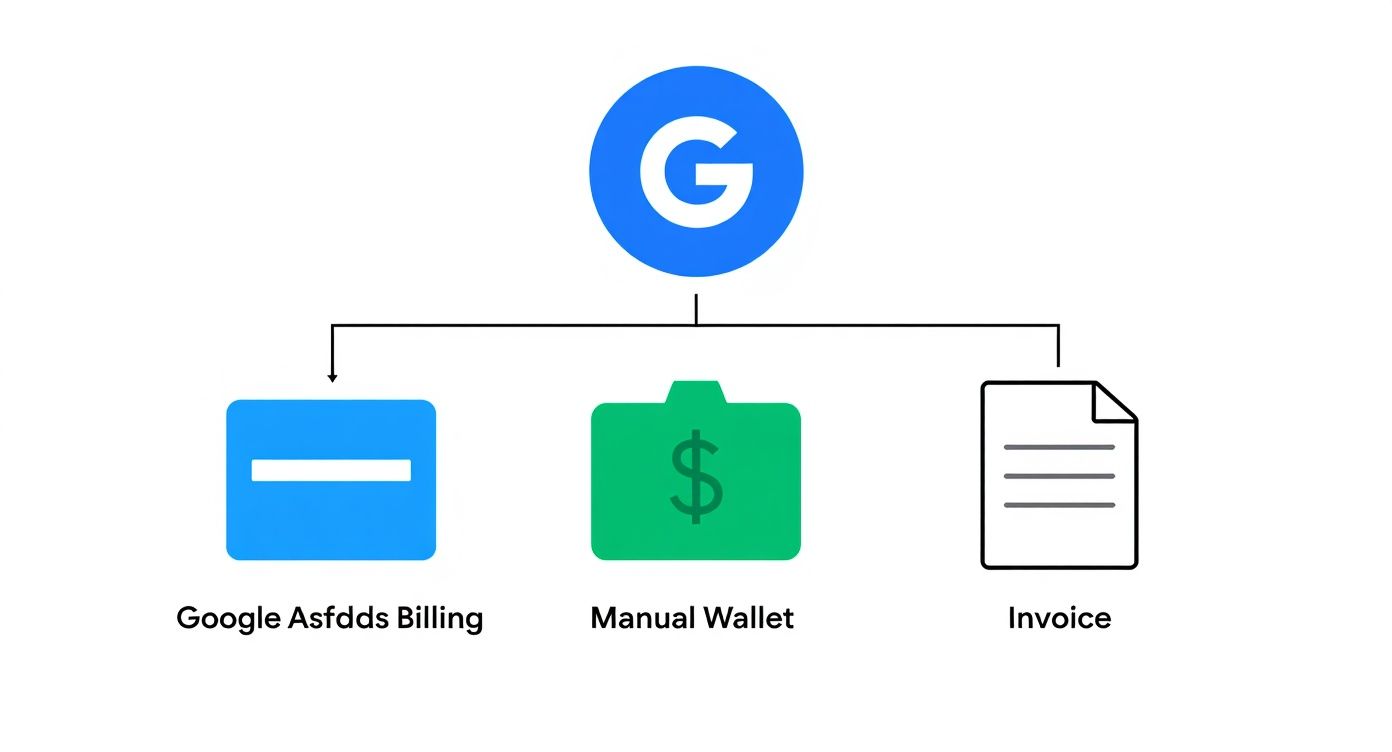 Google Ads payment methods diagram showing automatic billing, manual wallet, and invoice options