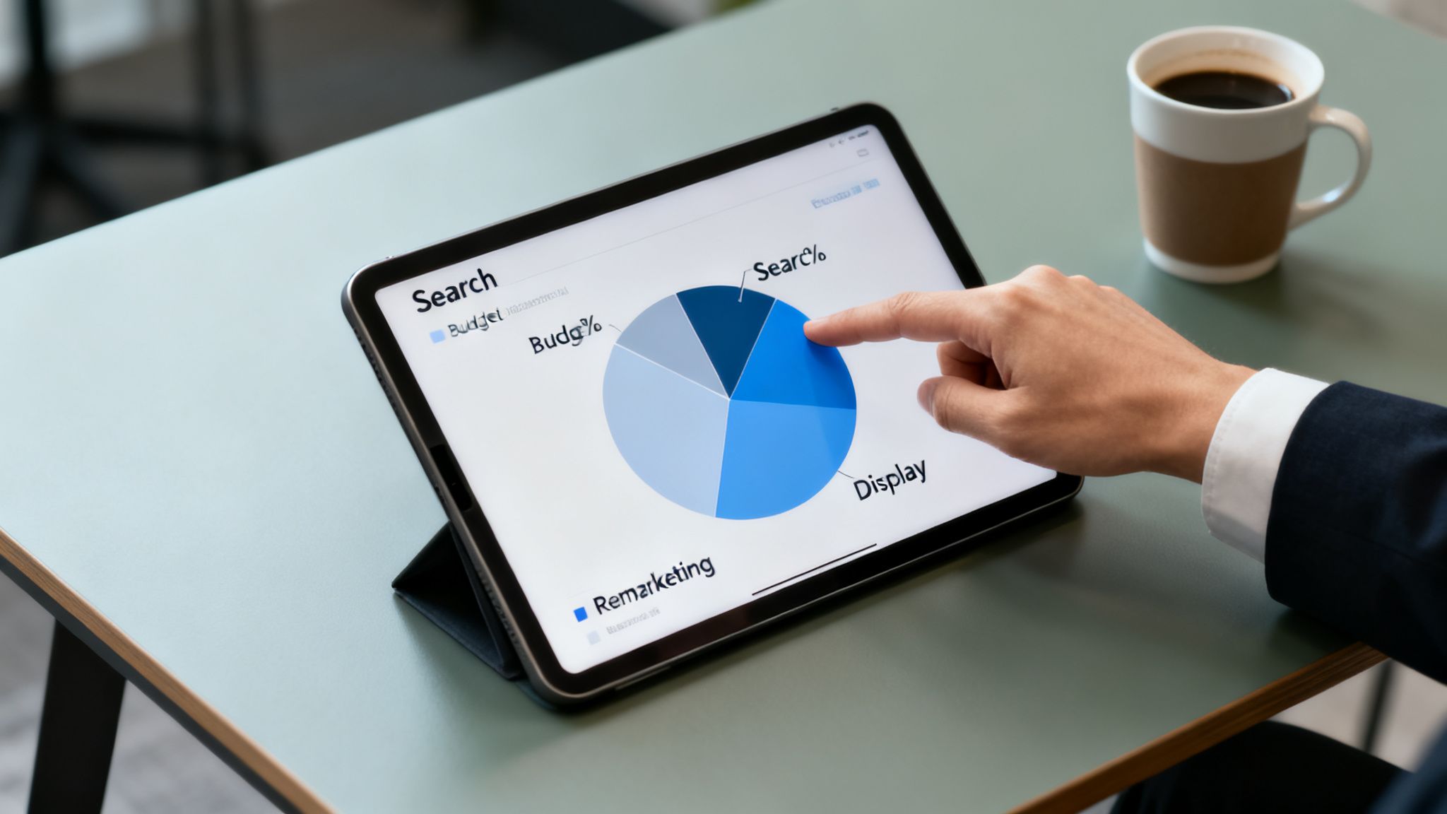 A person's hand touches a tablet displaying a marketing spend pie chart, with a coffee mug nearby.