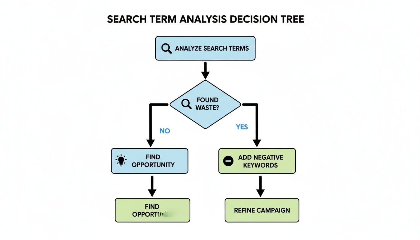 Decision tree flowchart for search term analysis showing steps to find opportunities and eliminate waste.