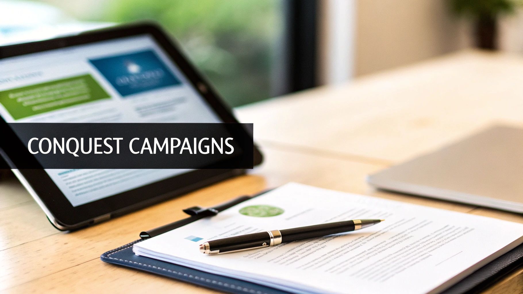 A person working on a laptop with charts and graphs in the background, representing data-driven campaign management.