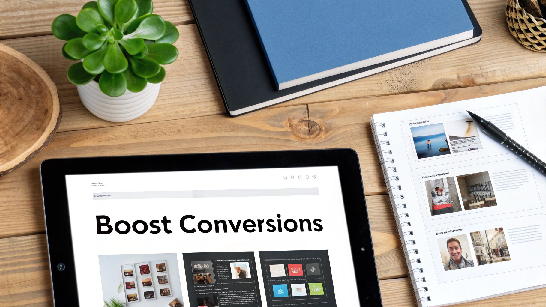 A person pointing at a screen showing ad performance analytics with increasing CTR and decreasing CPA charts.