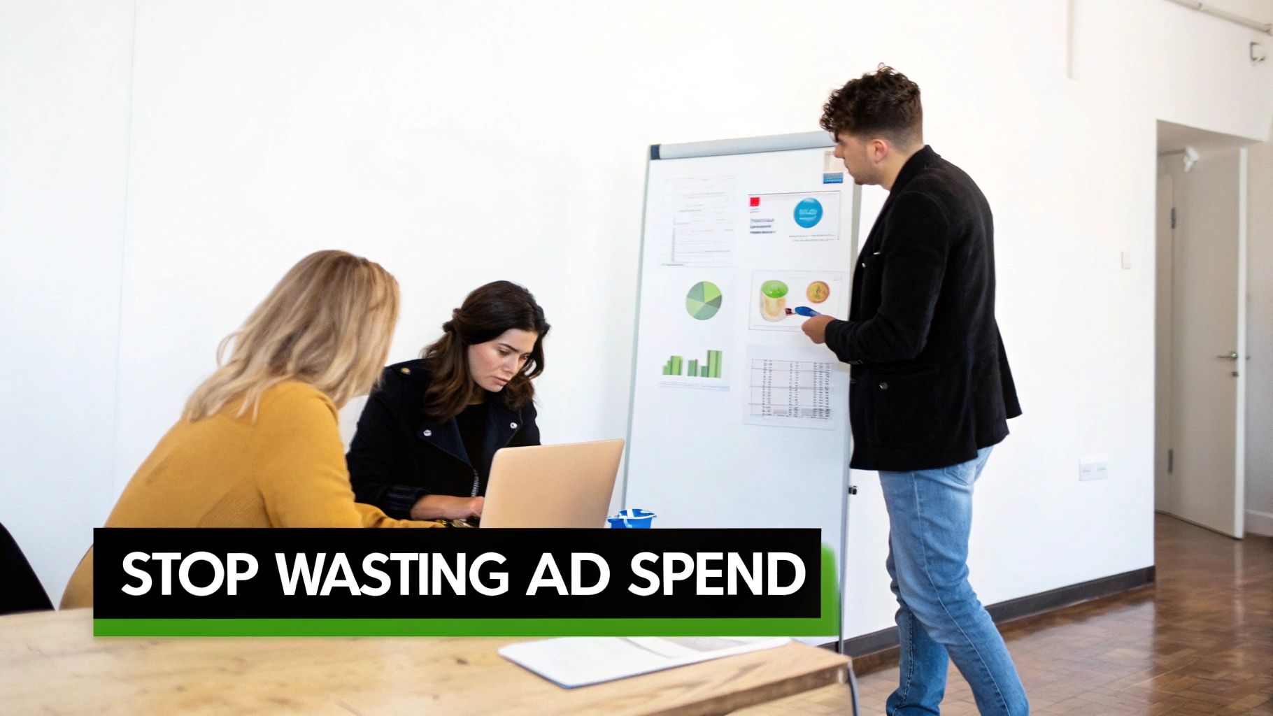 A person pointing at a graph on a laptop screen showing upward trends, illustrating successful ROAS management.