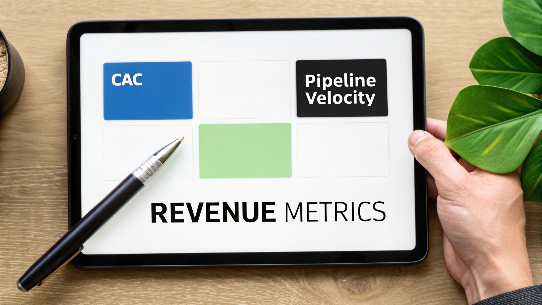 A sleek performance dashboard on a tablet showing key revenue metrics and growth charts.