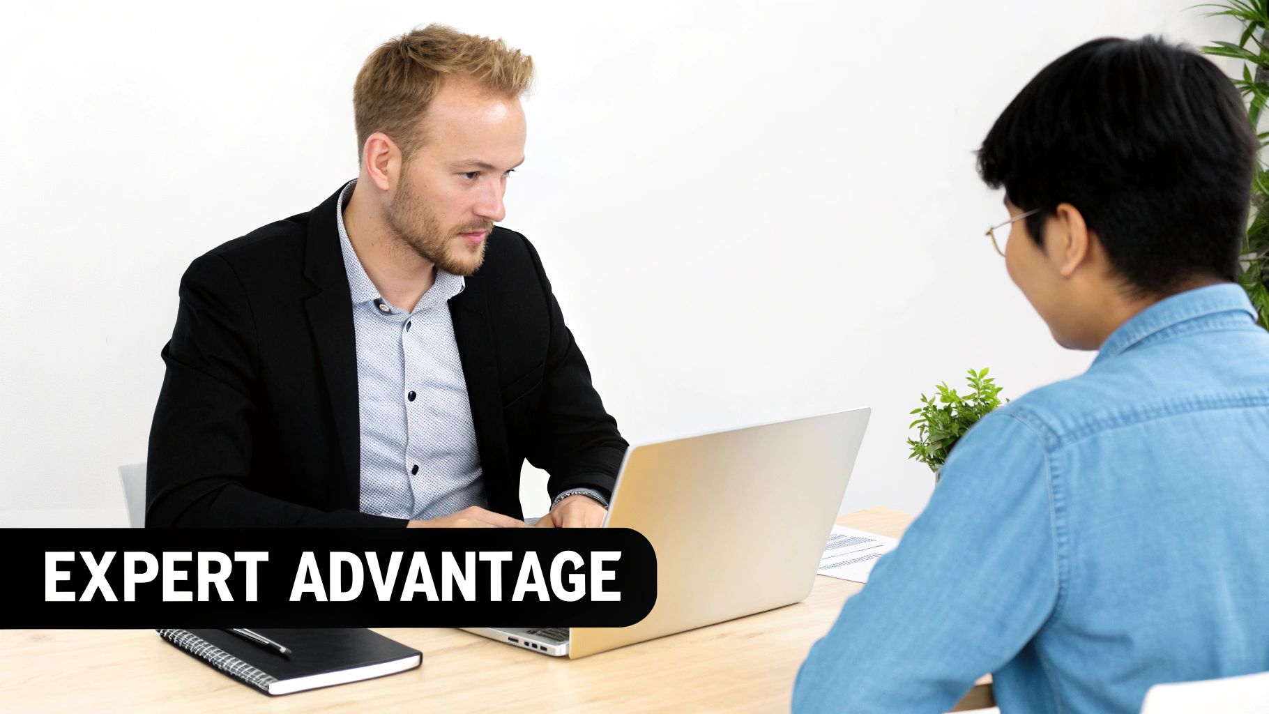 A person using a magnifying glass to inspect a digital advertising dashboard, symbolizing careful vetting.