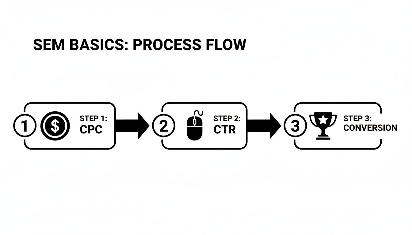 Diagram illustrating the SEM basics process flow: Step 1 CPC, Step 2 CTR, and Step 3 Conversion.
