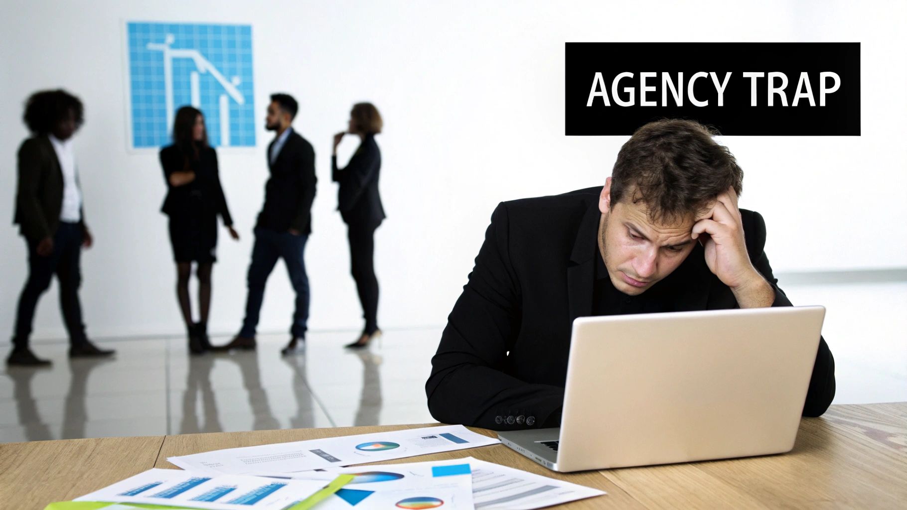 A business owner looking frustrated at a laptop displaying flat sales charts