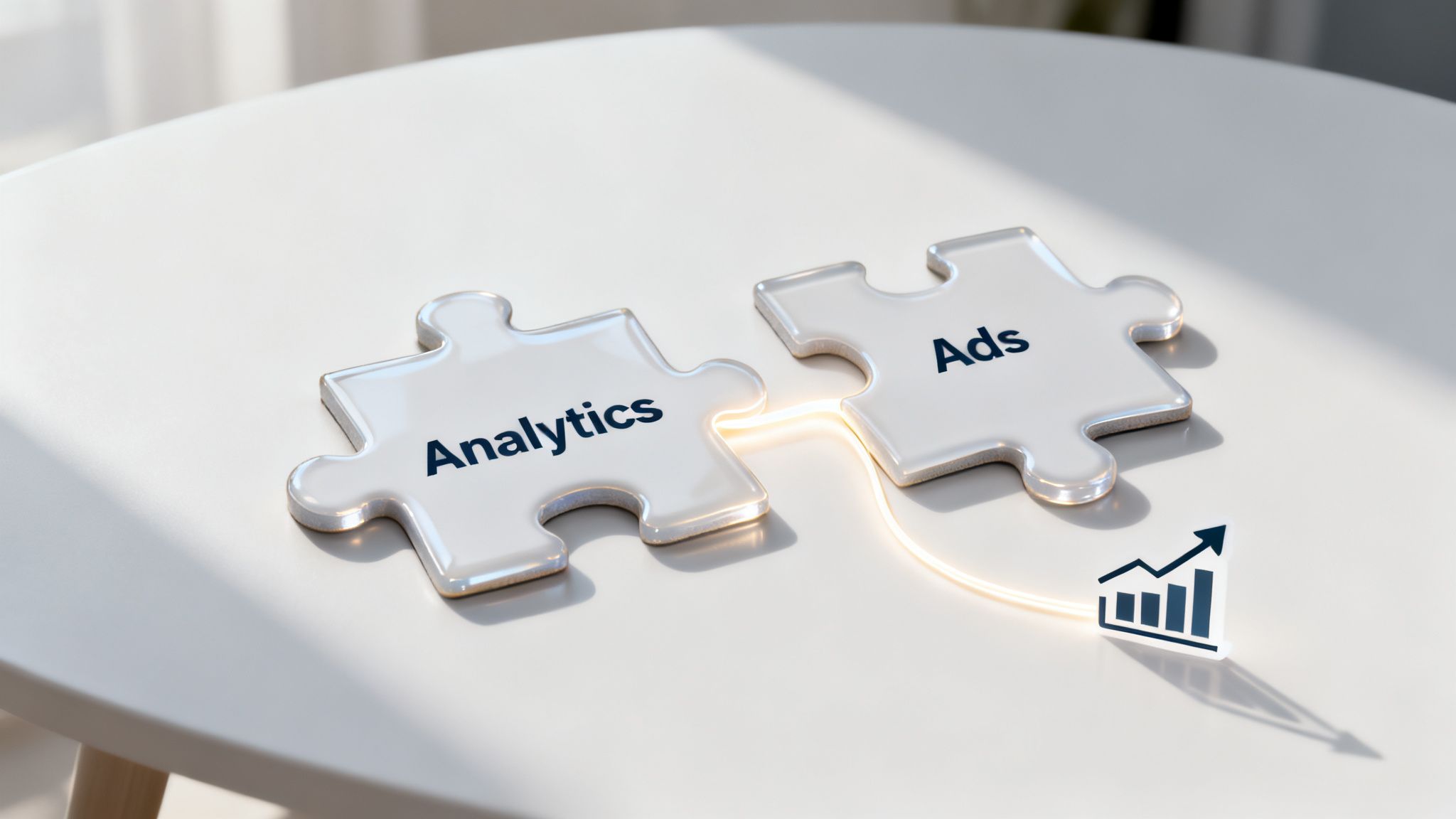 Two puzzle pieces, 'Analytics' and 'Ads', connect to a glowing bar chart showing growth on a white table.
