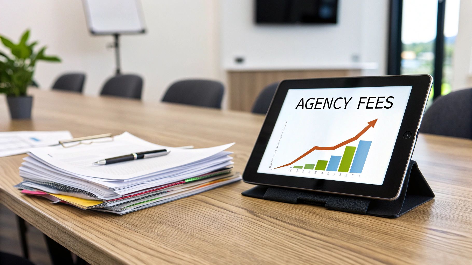A magnifying glass hovering over a bar chart, symbolizing the analysis of advertising costs.