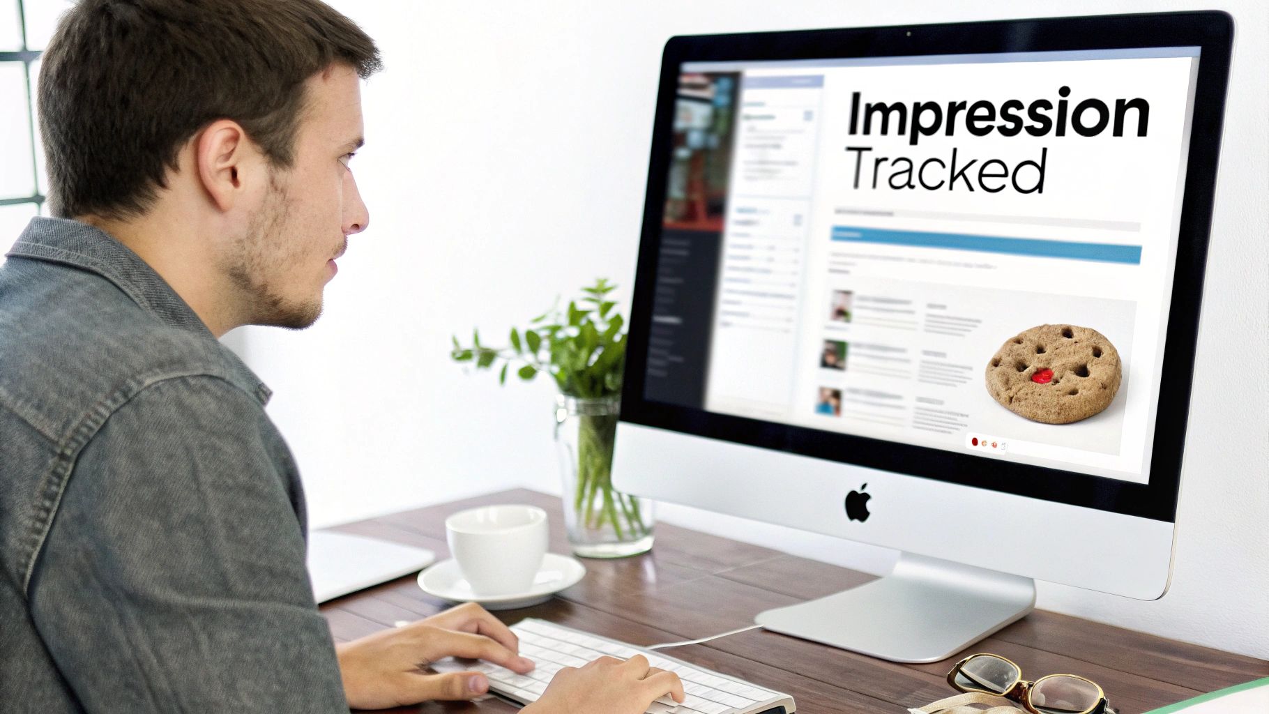 Magnifying glass over a computer screen showing ad impressions and clicks