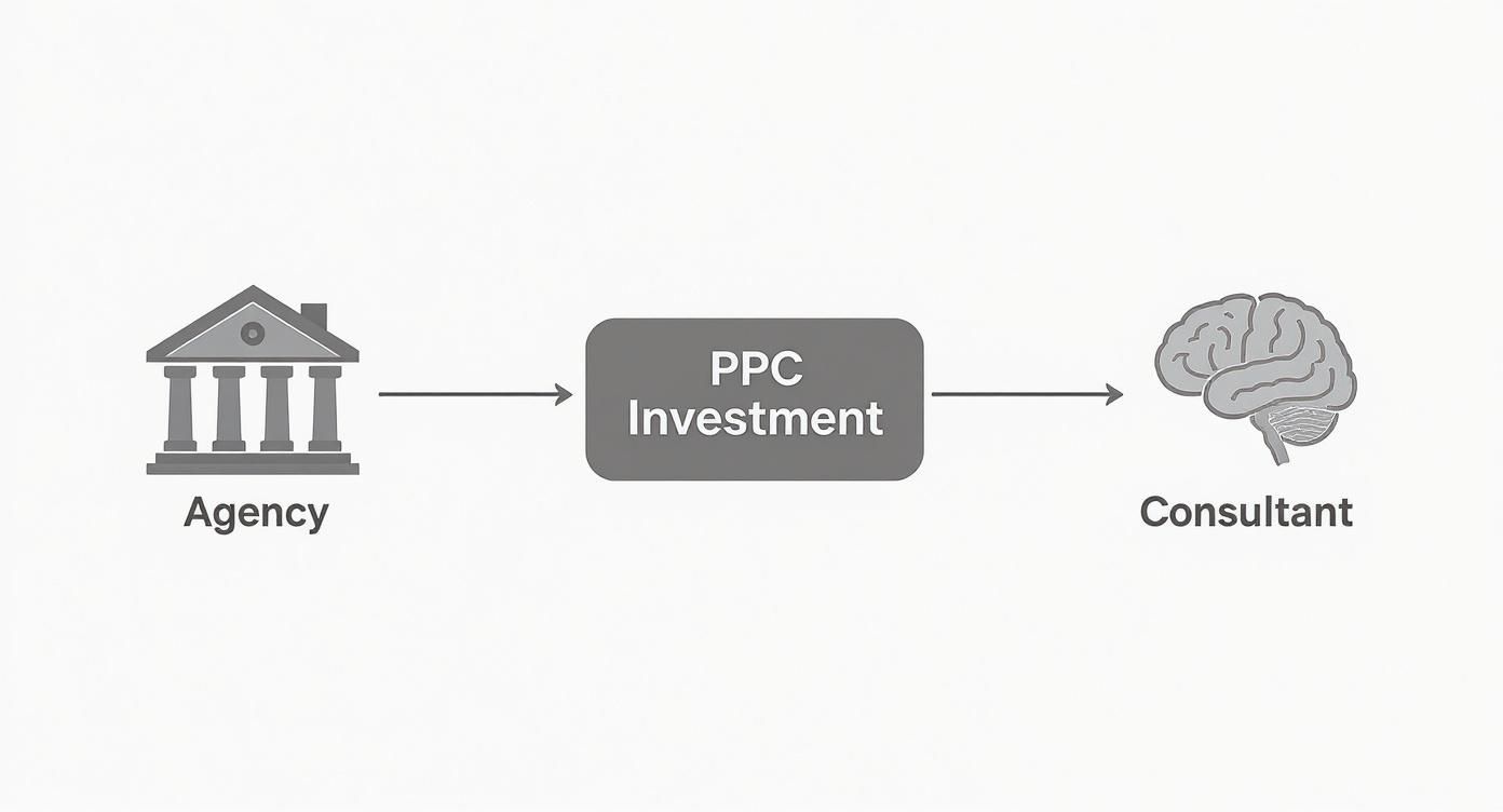 Flowchart showing agency investing in PPC services leading to consultant expertise and knowledge