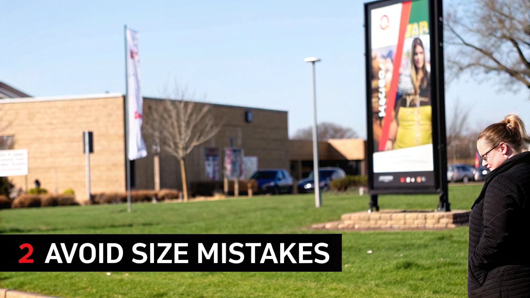 A designer pointing to a screen showing various Google Ads sizes, indicating common mistakes.