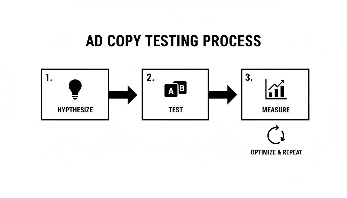 Flowchart illustrating the ad copy testing process with steps: hypothesize, test, measure, optimize, and repeat.