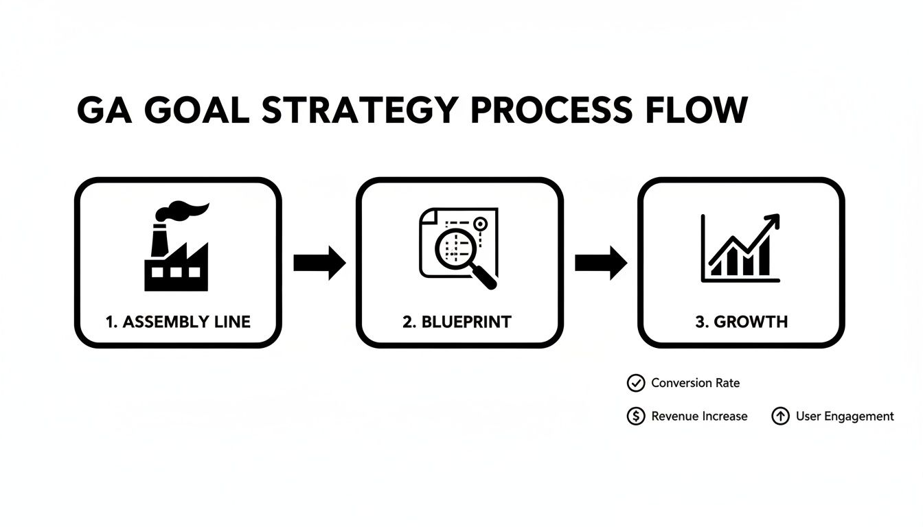 GA Goal Strategy Process Flow showing Assembly Line, Blueprint, and Growth steps, targeting conversion rate, revenue increase, and user engagement.
