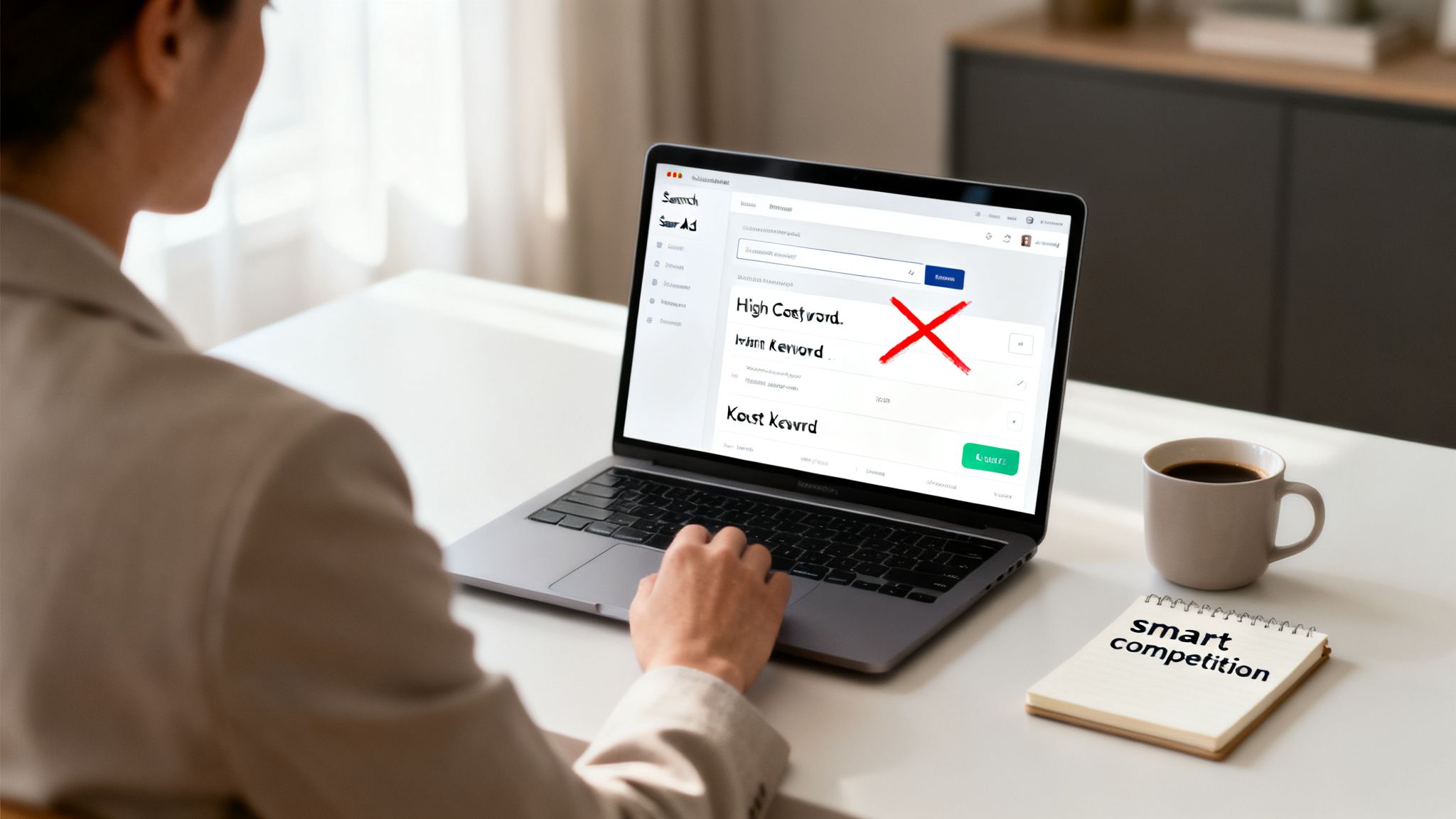 A person works on a laptop, analyzing keywords for smart competition strategy, avoiding high-cost terms.