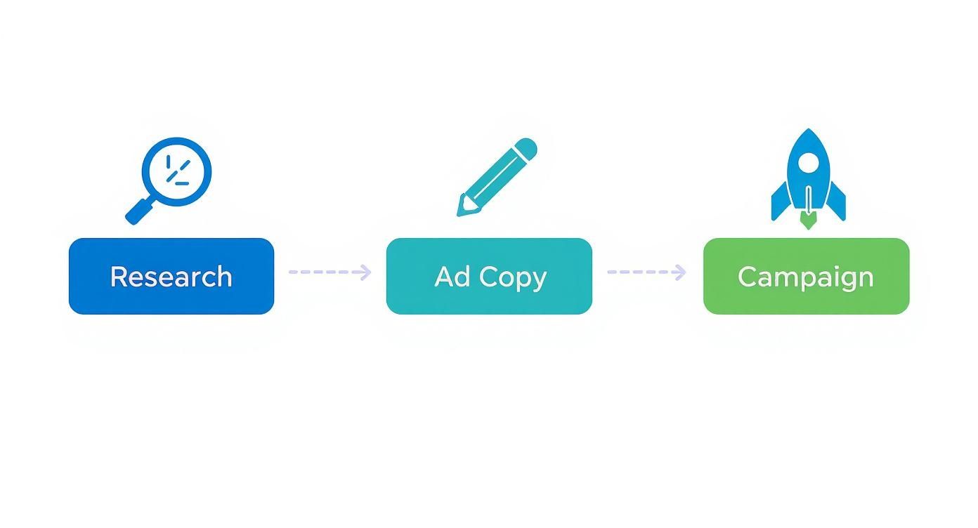 Infographic showing a three-step sales process: Research with a magnifying glass, Ad Copy with a pencil, and Campaign with a rocket icon.