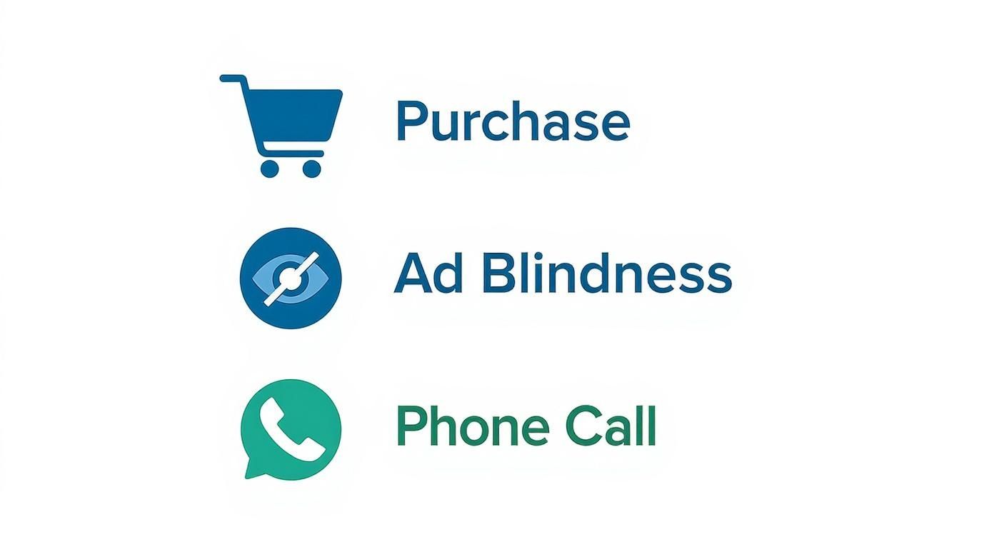 An infographic showing key PPC conversion facts: a shopping cart for purchases, an eye with a slash for ad blindness, and a phone for calls.