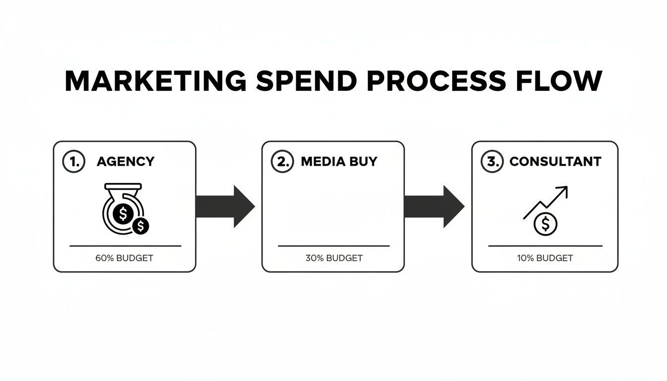 Marketing spend process flow illustrating budget distribution among agency, media buy, and consultant roles.