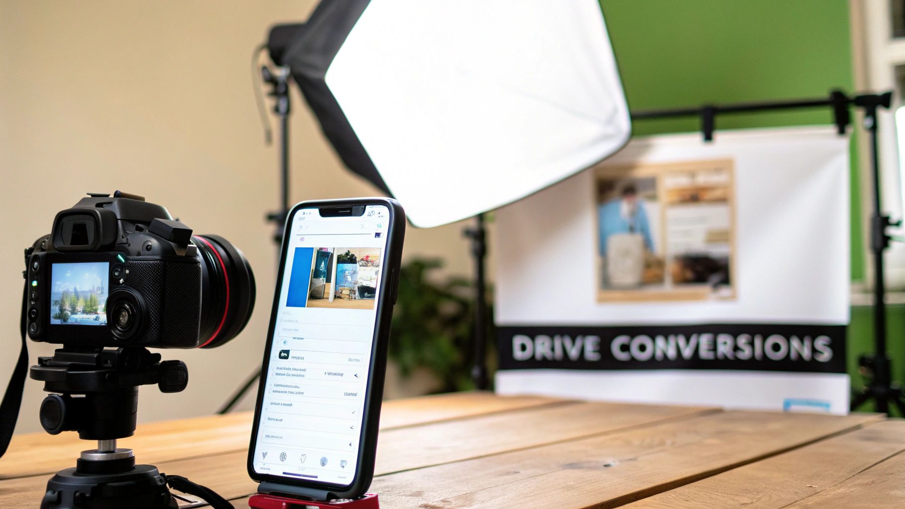 Professional photography setup with a camera, smartphone, and softbox lights for content creation.