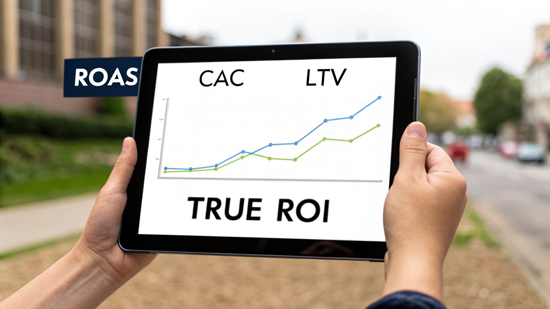 A dashboard showing key performance indicators like ROI and ROAS