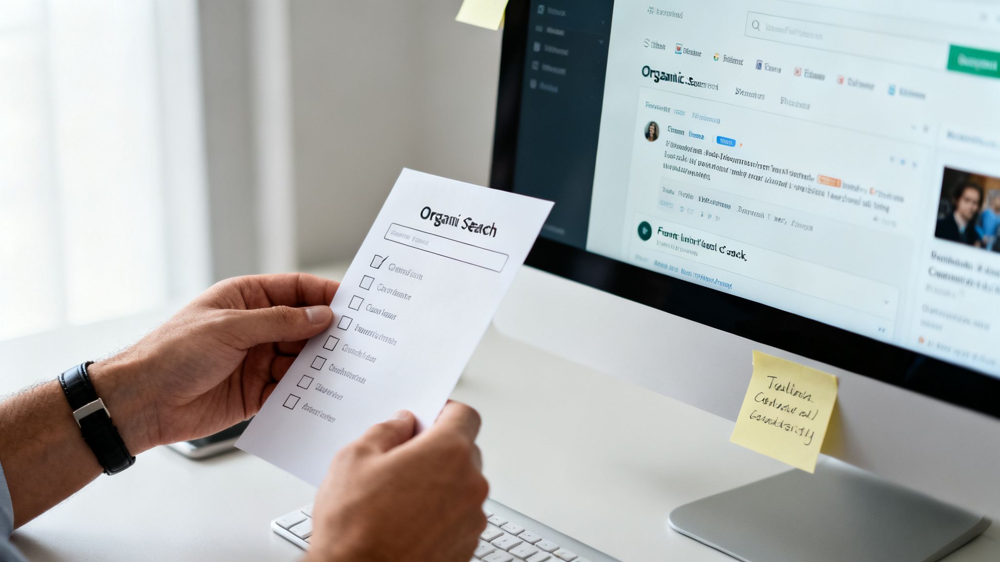 Person holding a checklist for organic search optimization, with a computer screen displaying SEO content in the background.