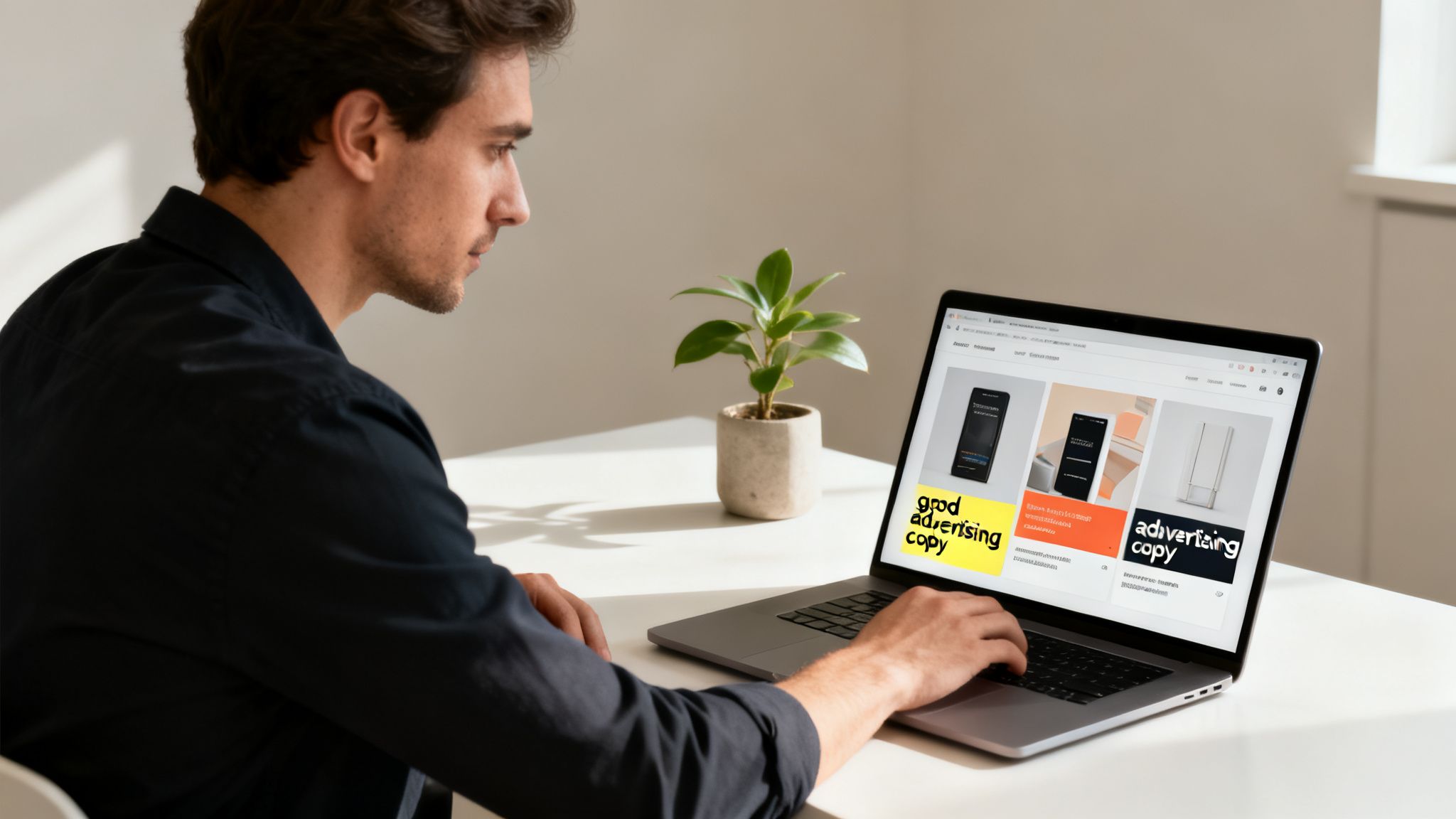 A man in a black shirt intently looking at a laptop displaying 'good advertising copy'.