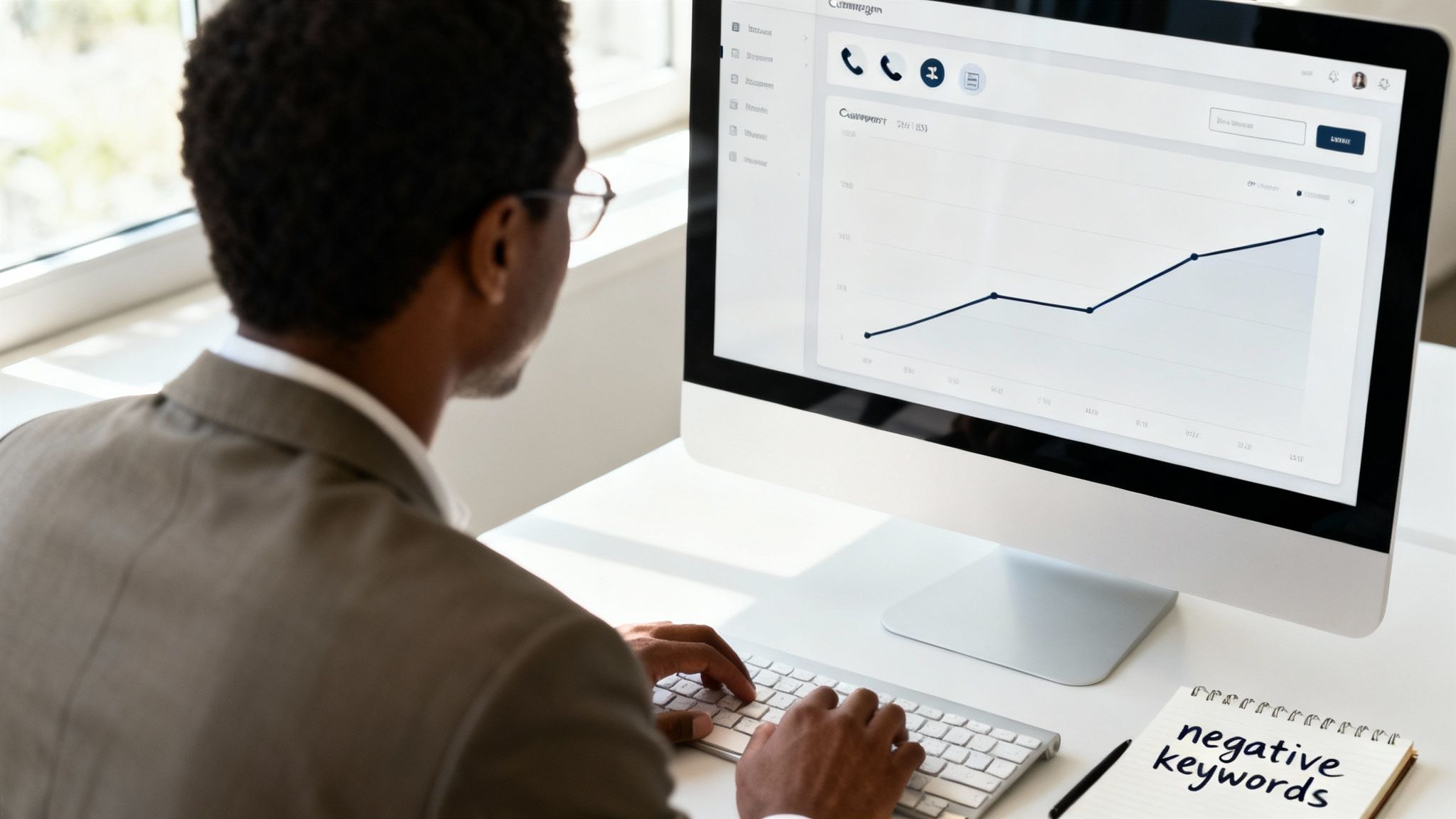 Man in a suit jacket working on a computer, analyzing a graph, with a 'negative keywords' notebook.