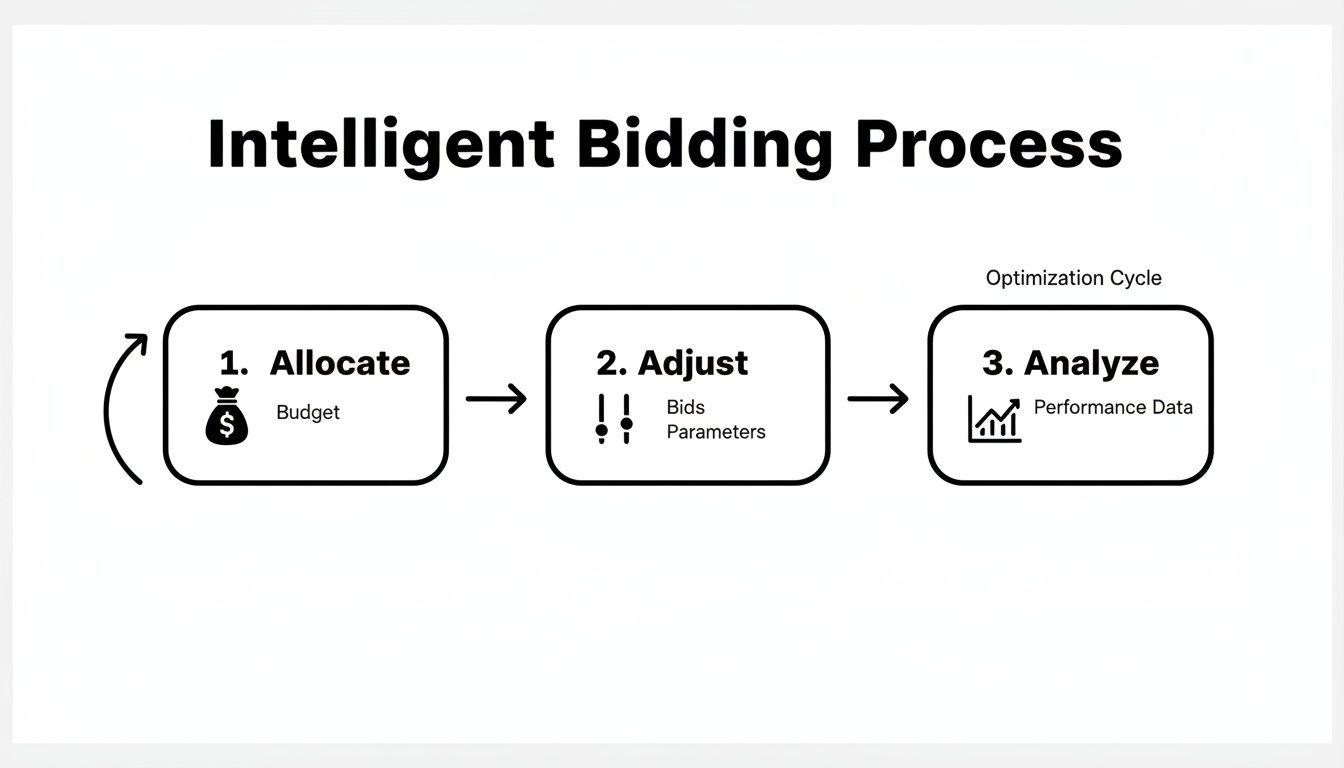 Flowchart outlining the Intelligent Bidding Process steps: Allocate Budget, Adjust Bids, and Analyze Performance Data.