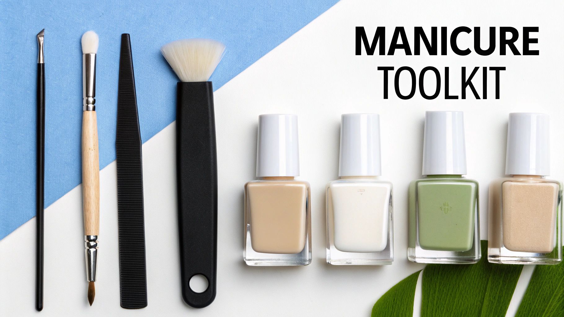 A collection of French manicure tools including nail polish, files, and cuticle pushers arranged neatly.
