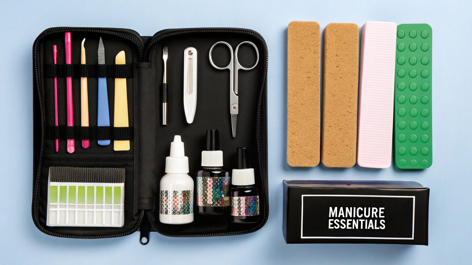 An organized set of nail polish tools including files, clippers, and various polish bottles.