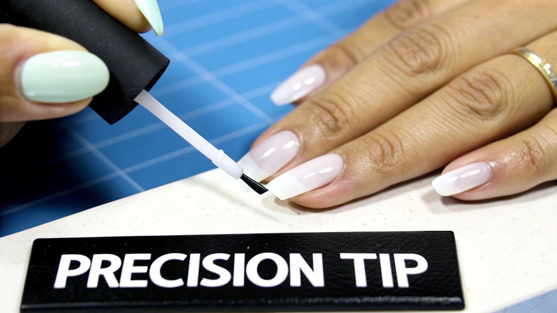 A visual comparison of the three methods side-by-side: a finger with a nail guide sticker, another showing the freehand brush technique, and a third pressing a nail into a silicone stamper.