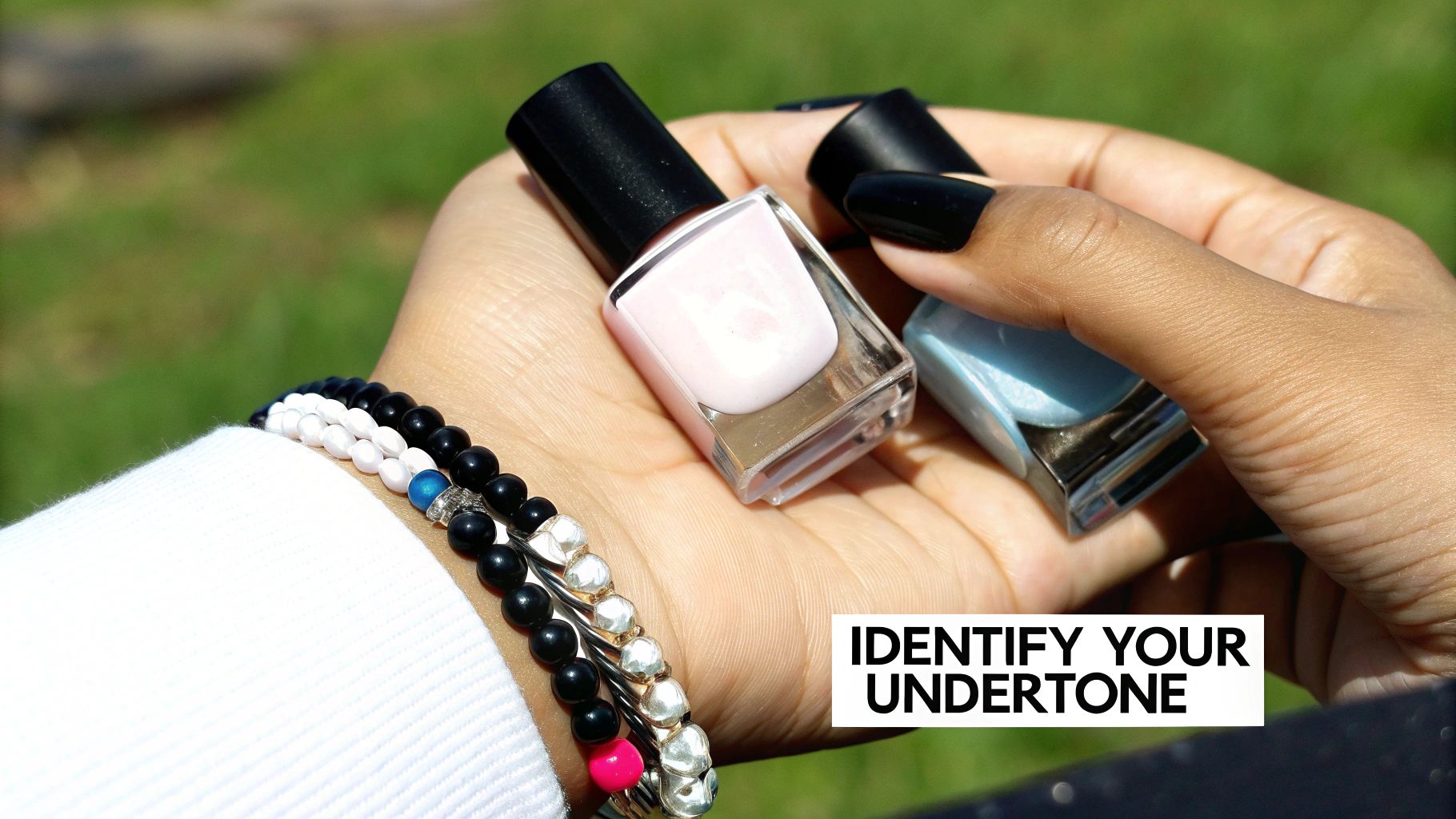 A collage of different hands with various nail polish colors, demonstrating how shades complement different skin tones.