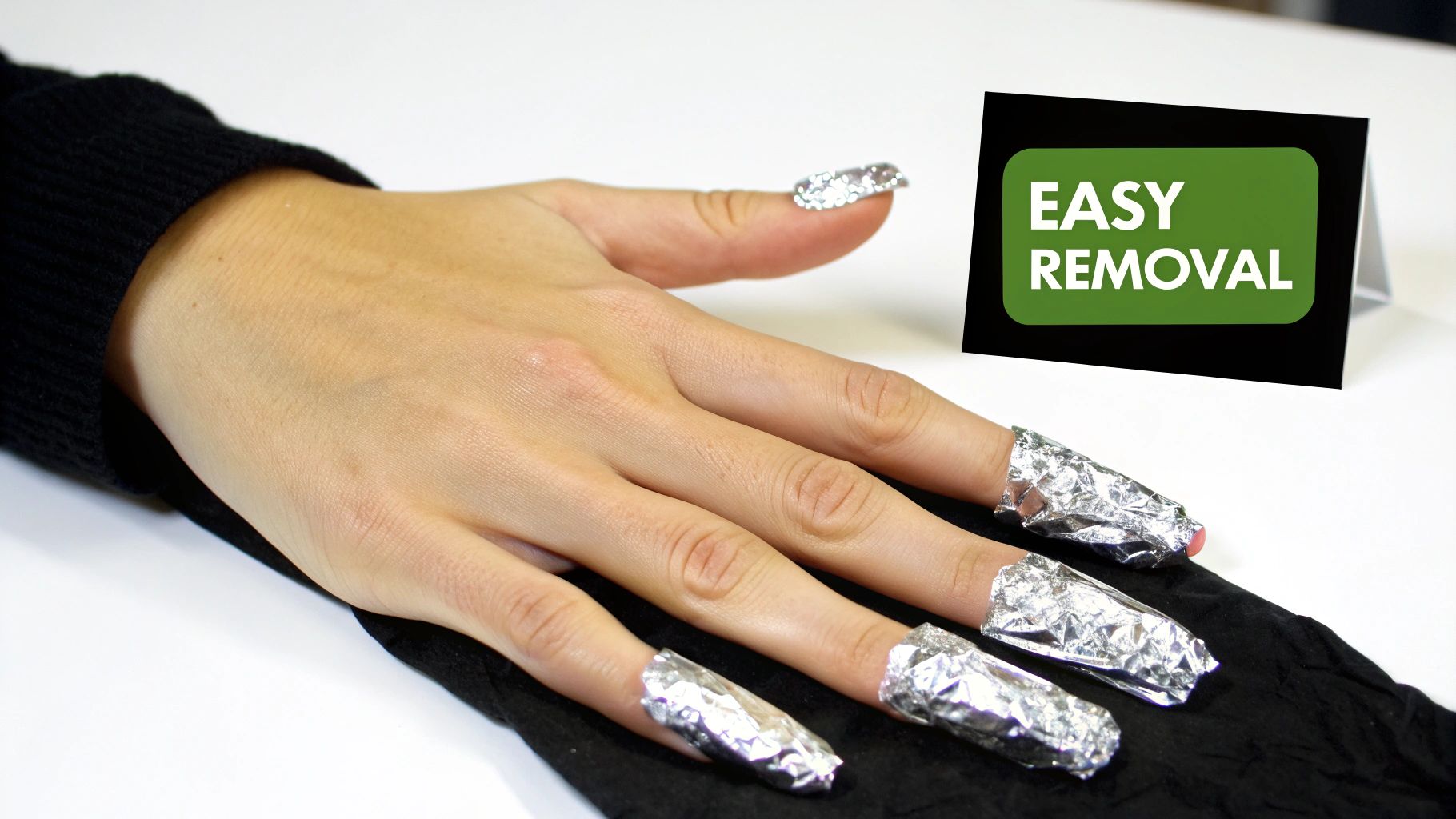 A person's hands showing glitter nail polish with cotton balls and foil nearby, ready for removal.