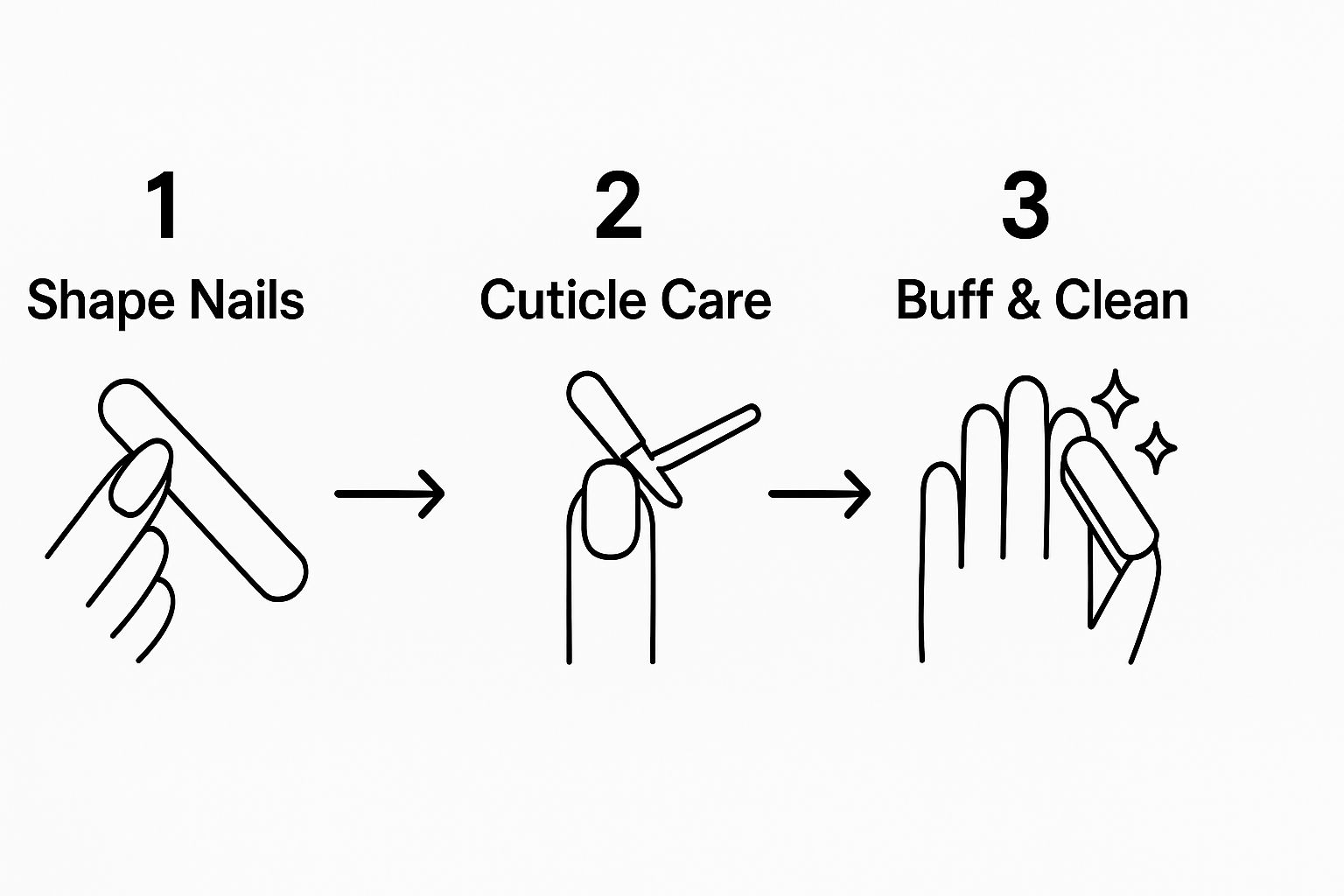 Screenshot from A close-up shot of hands gently filing nails into a squoval shape, with other prep tools like a cuticle pusher and buffer visible nearby.