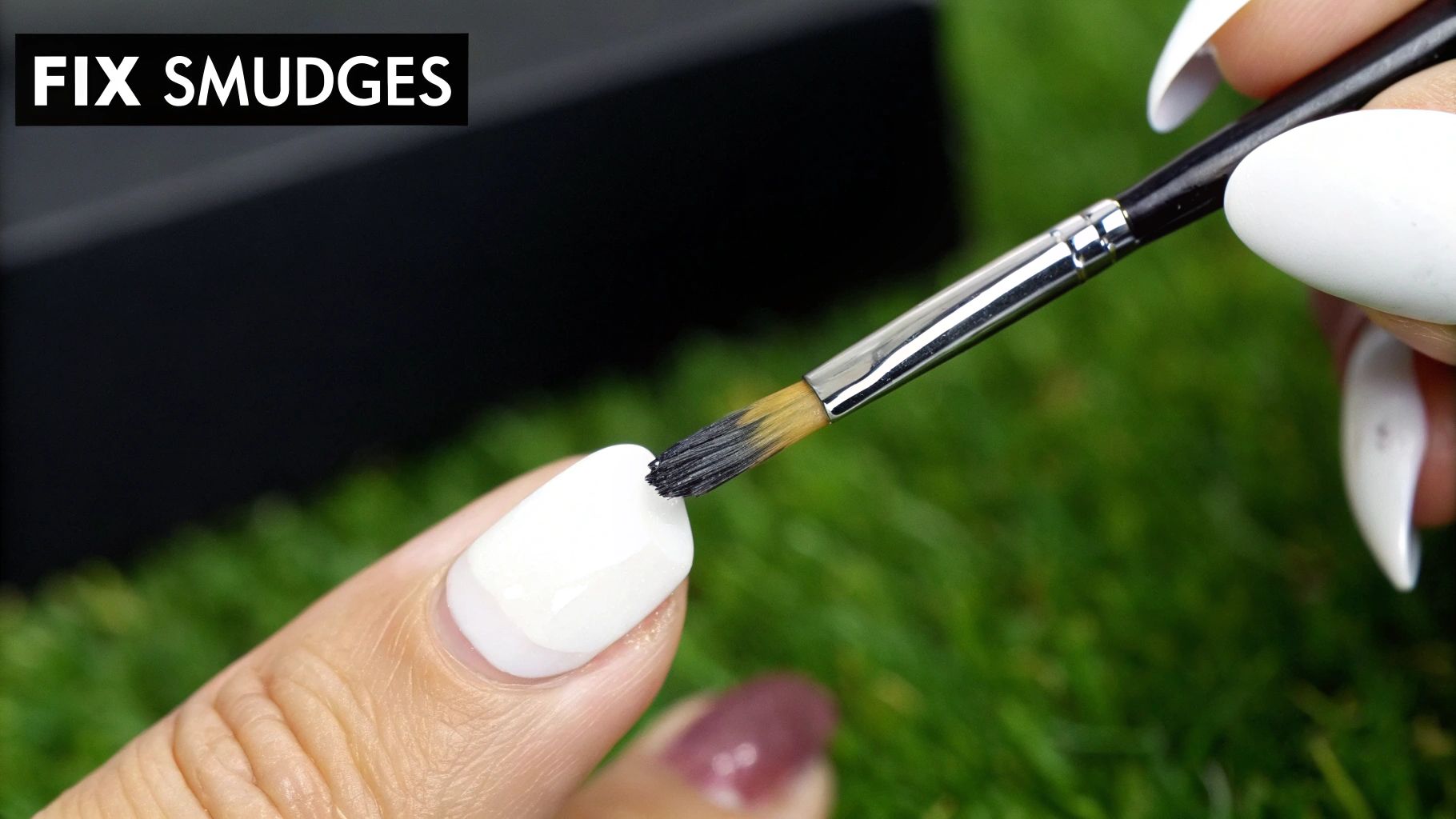 A close-up shot of a small, angled brush dipped in acetone cleaning up the edge of a white tip for a sharp smile line.