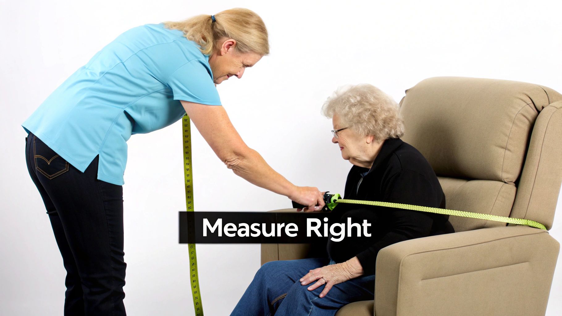 Healthcare professional measures an older woman sitting comfortably in a lift chair for a proper fit.