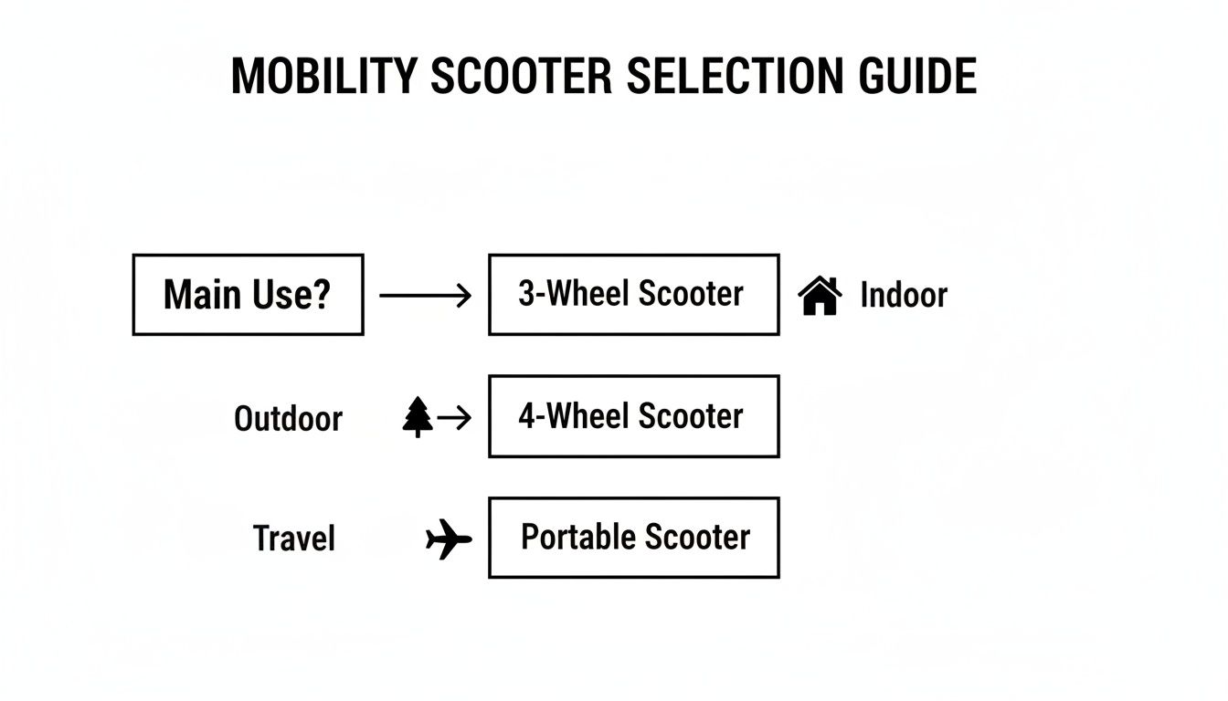 Mobility scooter selection guide showing 3-wheel, 4-wheel, and portable options for different uses.
