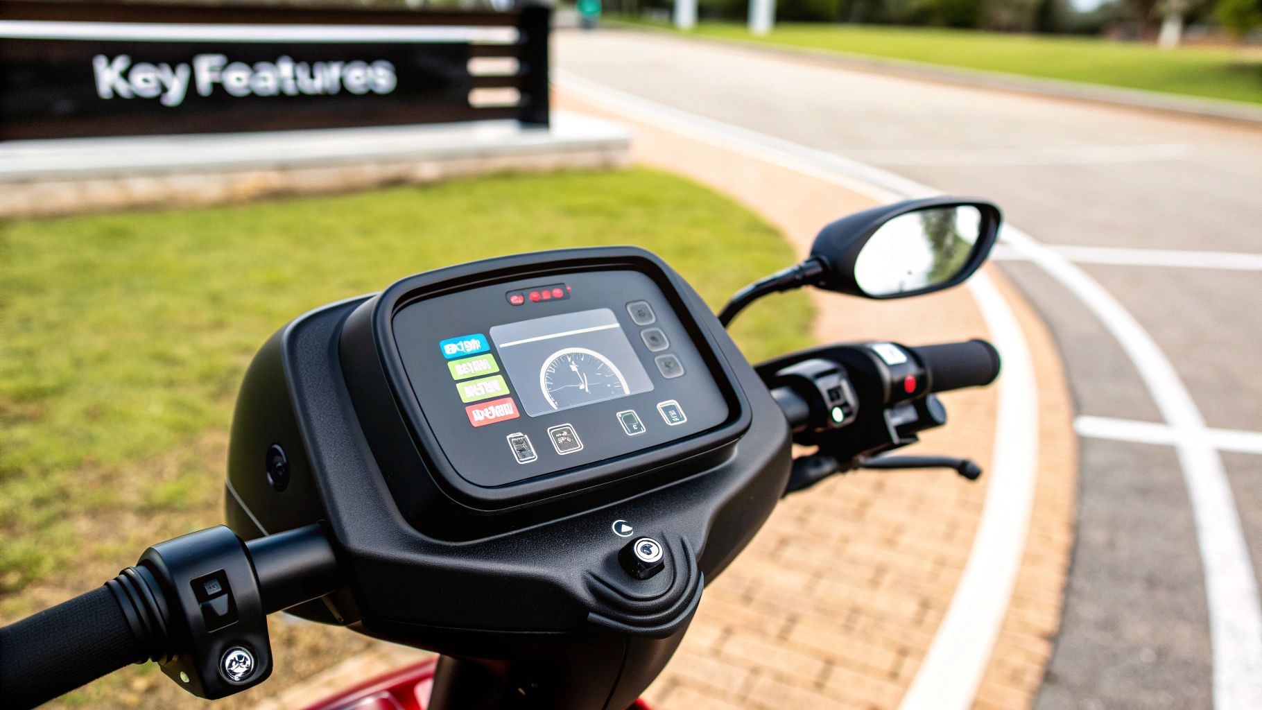 Close-up view of a black electric mobility scooter's digital dashboard, handlebars, and a rear-view mirror.