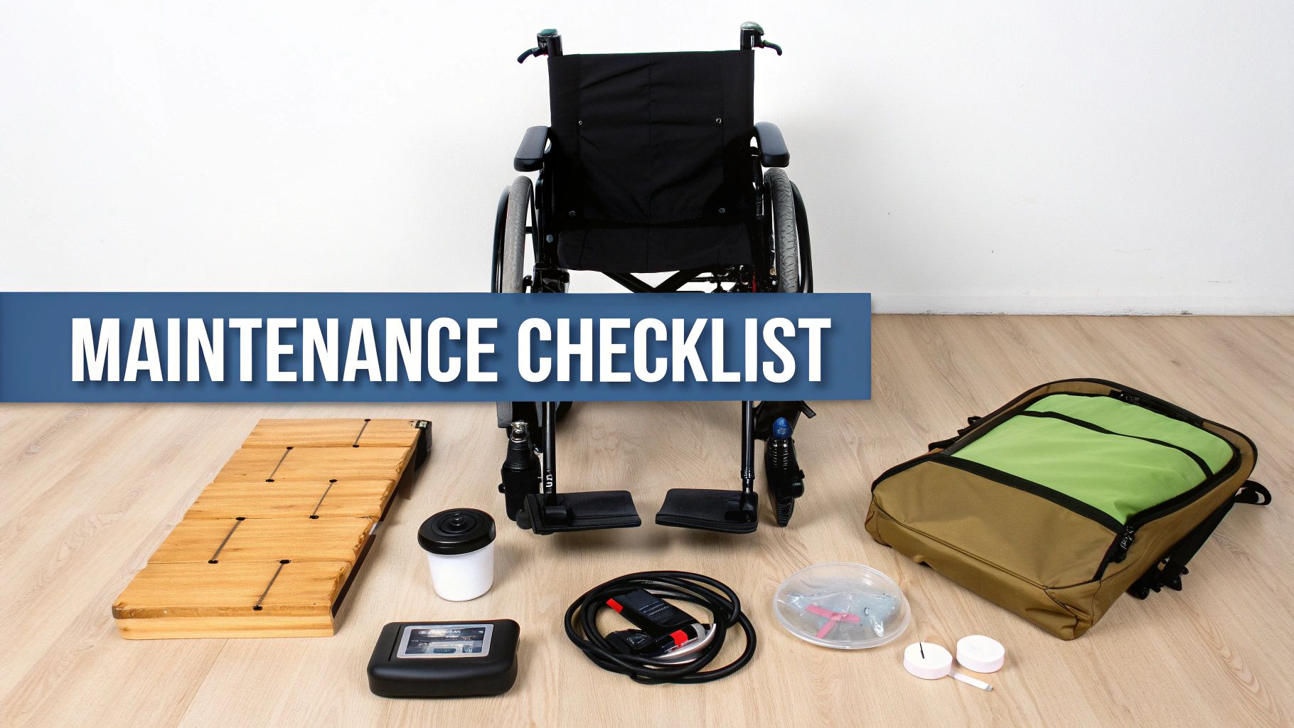 A wheelchair, ramp, and various tools laid out with a maintenance checklist banner.