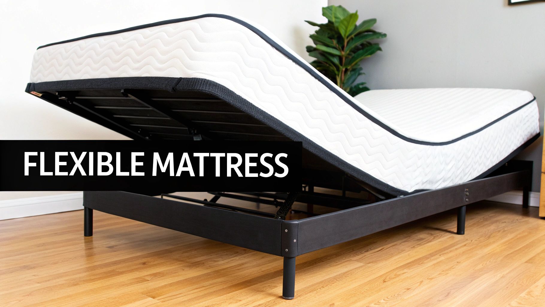 A white flexible mattress on a black electric adjustable bed frame, demonstrating its ergonomic positions.