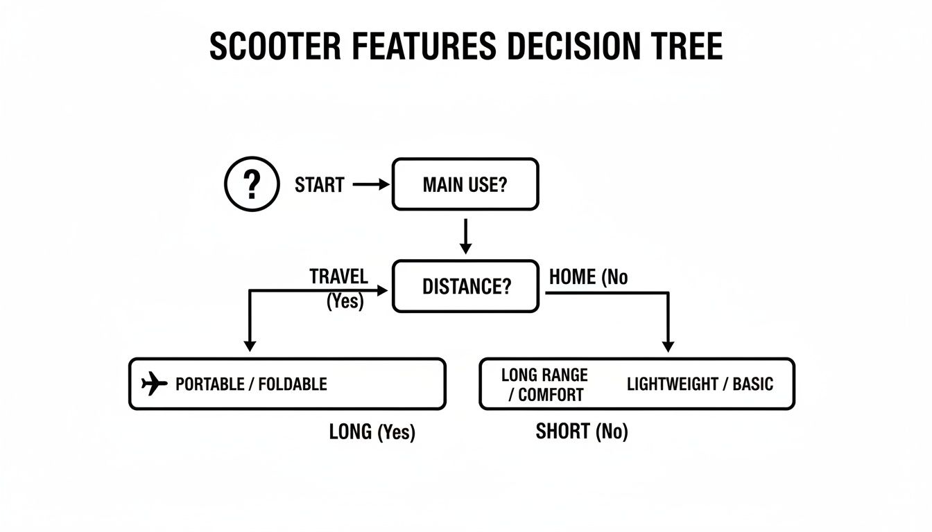 A scooter features decision tree flowchart guiding users based on main use and distance.