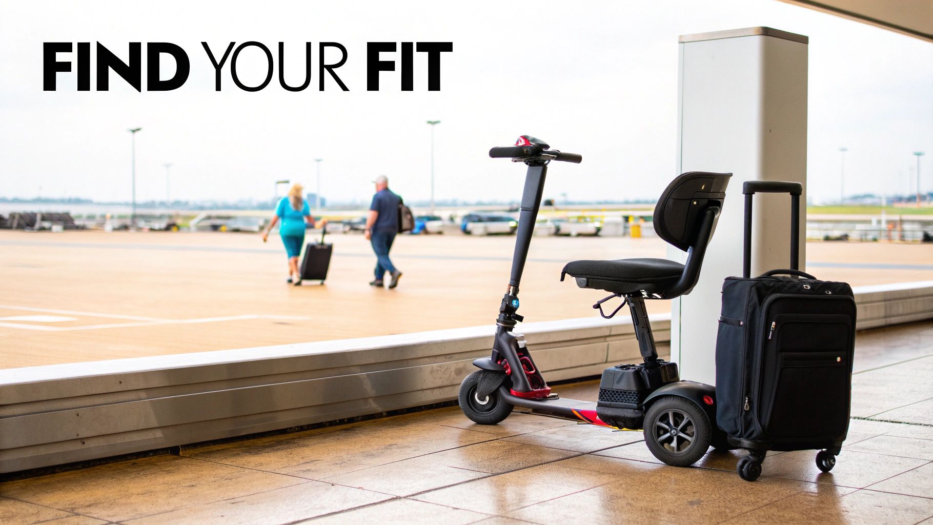 Lightweight mobility scooter and suitcase at an airport terminal, with travelers in the background.