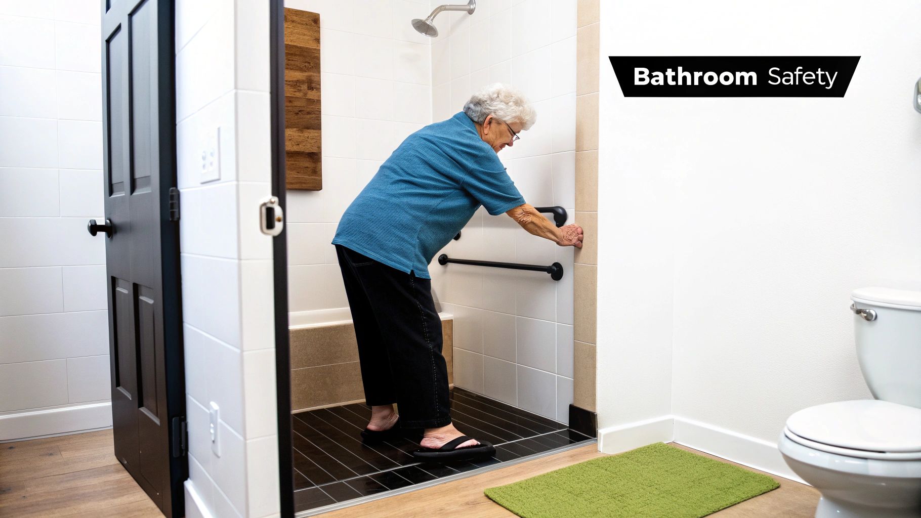 Senior woman uses black grab bars in a white-tiled shower for bathroom safety.