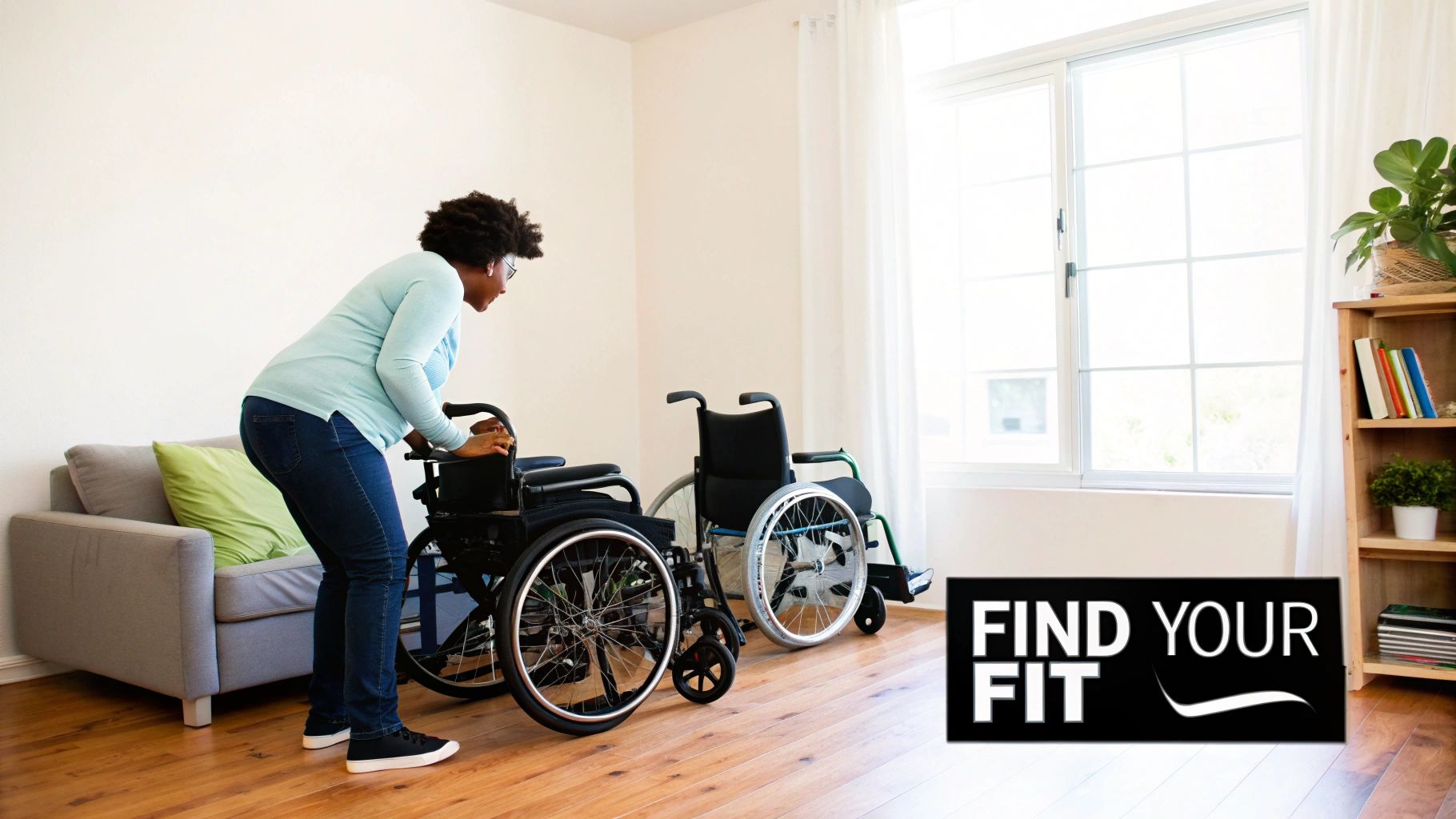 A woman adjusts a black wheelchair in a bright room with another wheelchair and a bookshelf.