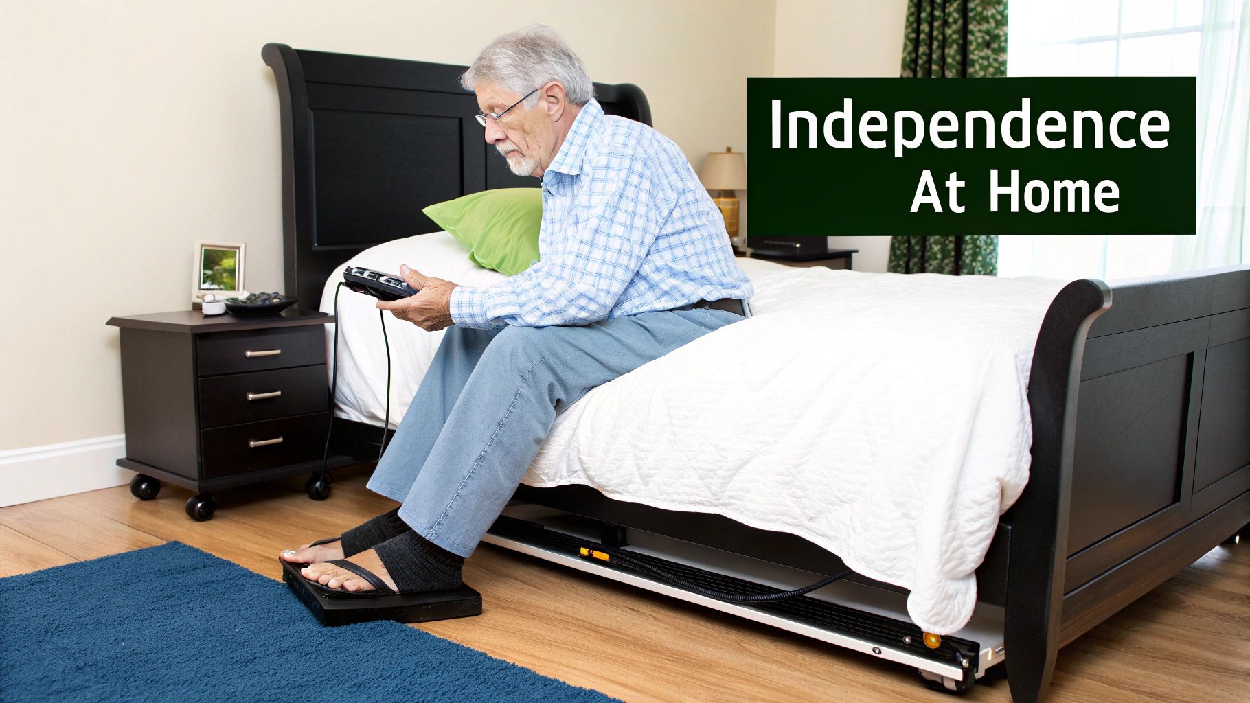 Elderly man uses a remote control while sitting on the edge of an adjustable bed with his feet on a platform.