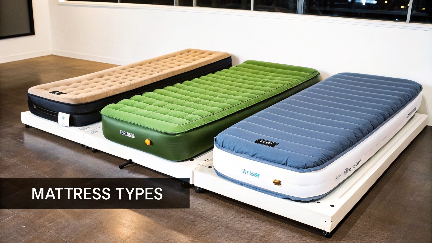 Three distinct air mattresses in tan, green, and blue are showcased on white platforms, illustrating different types.